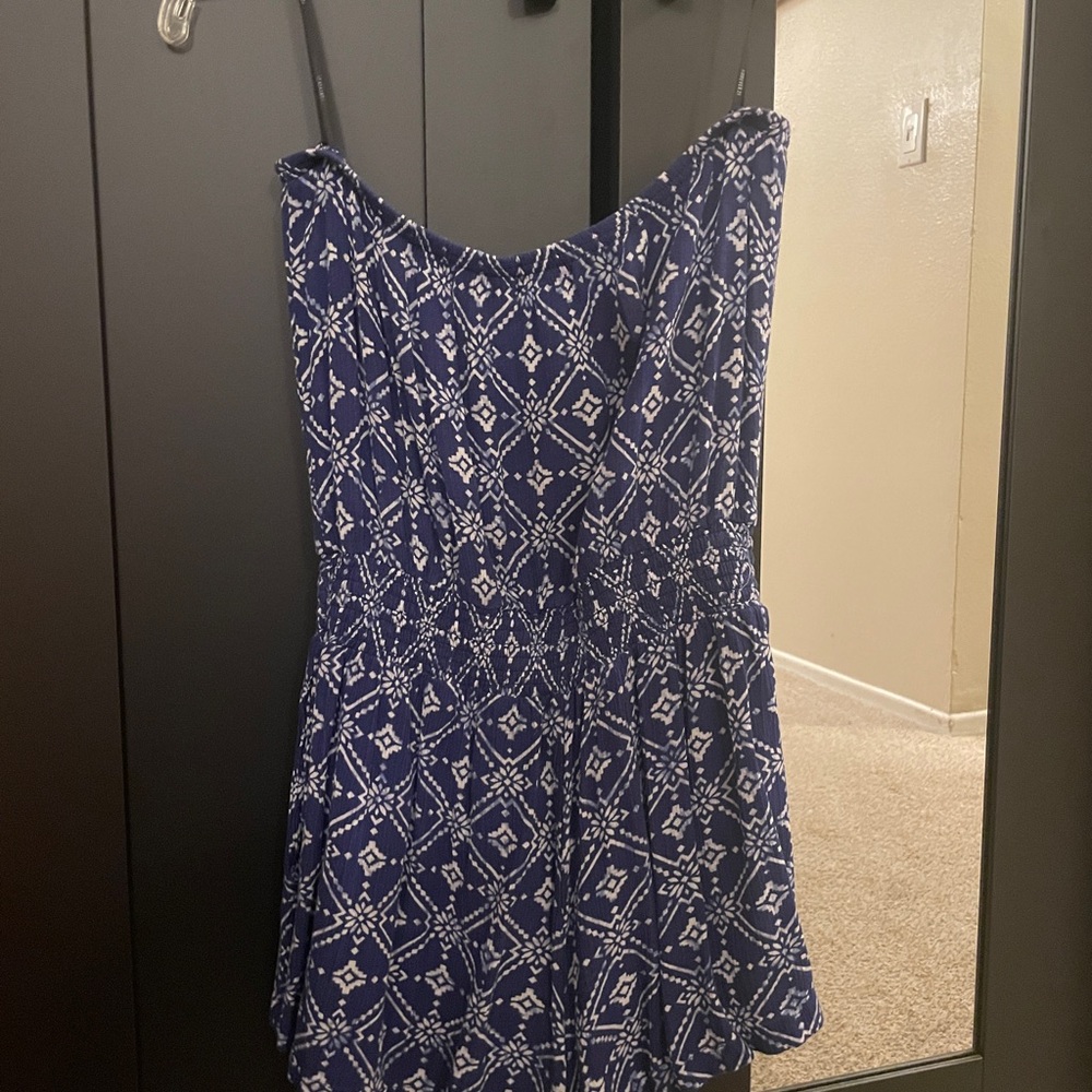 Blue and White Patterned Strapless Dress